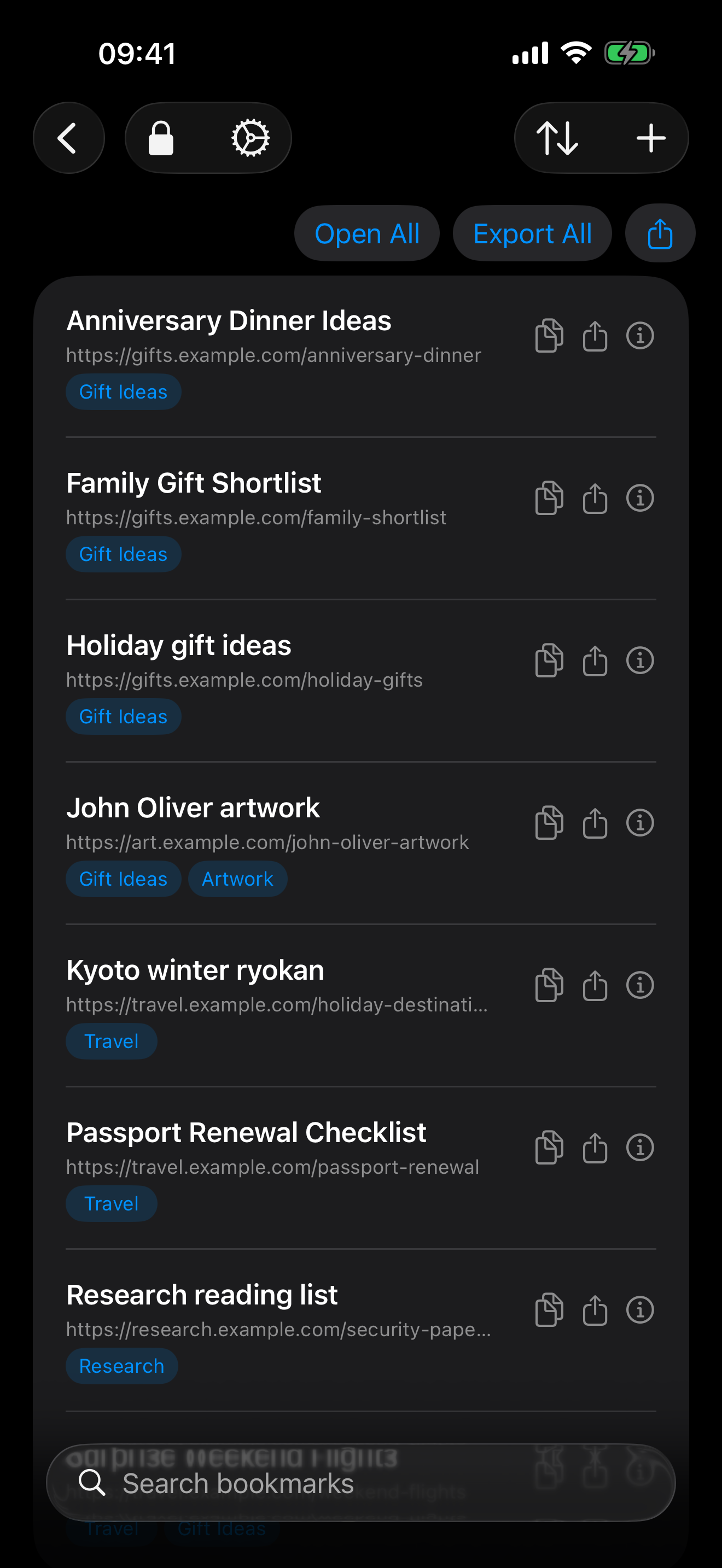 The actual TresorLink iPhone app showing saved private bookmarks, encrypted tags, and search with example data.