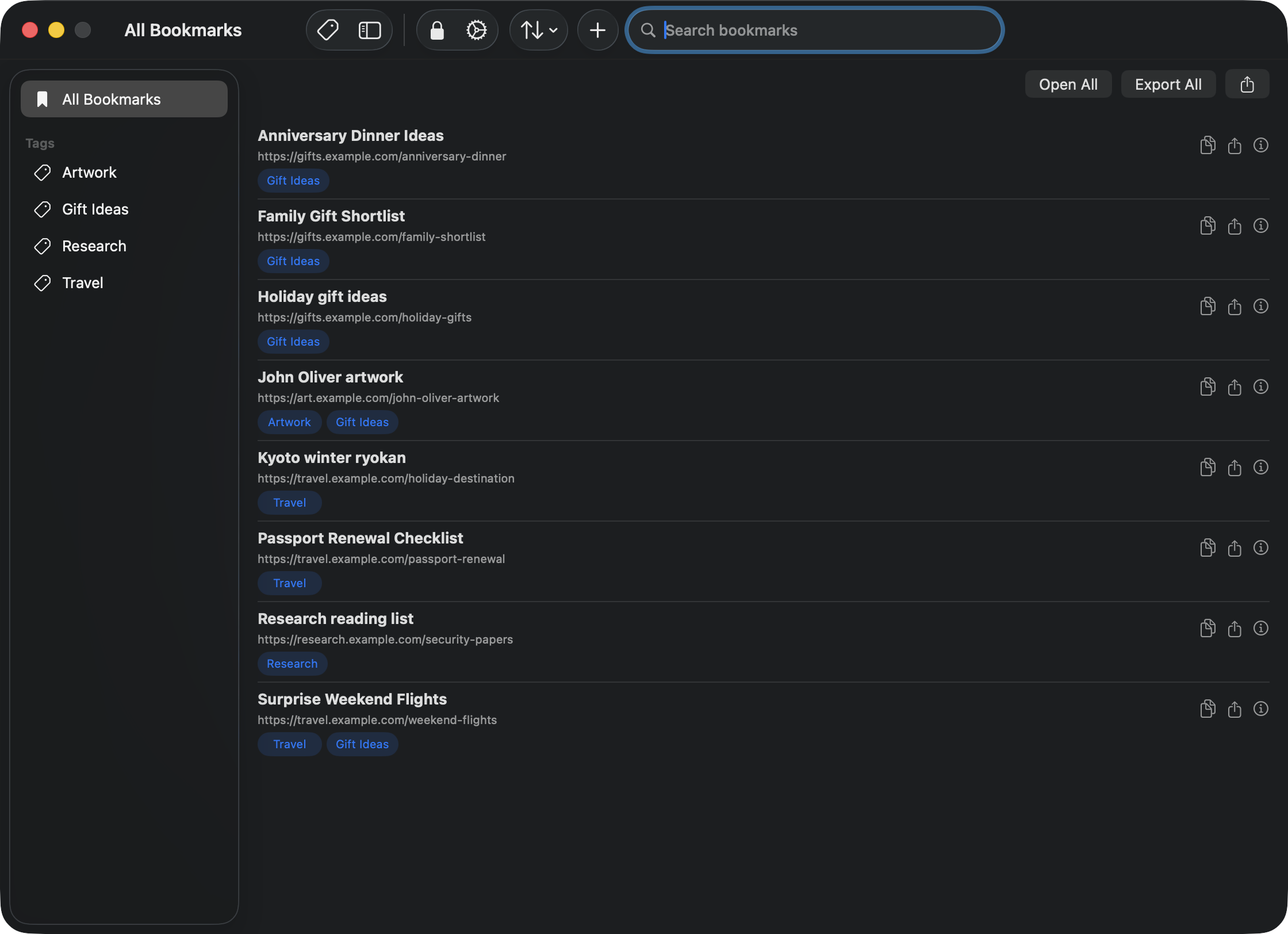 TresorLink on Mac with a tag sidebar, private bookmarks, search, and controls for opening and exporting links. Example data.